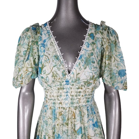 Rococo Sand NWT Blue Lace Maxi Dress Ruched Floral Metallic Small - Picture 5 of 6